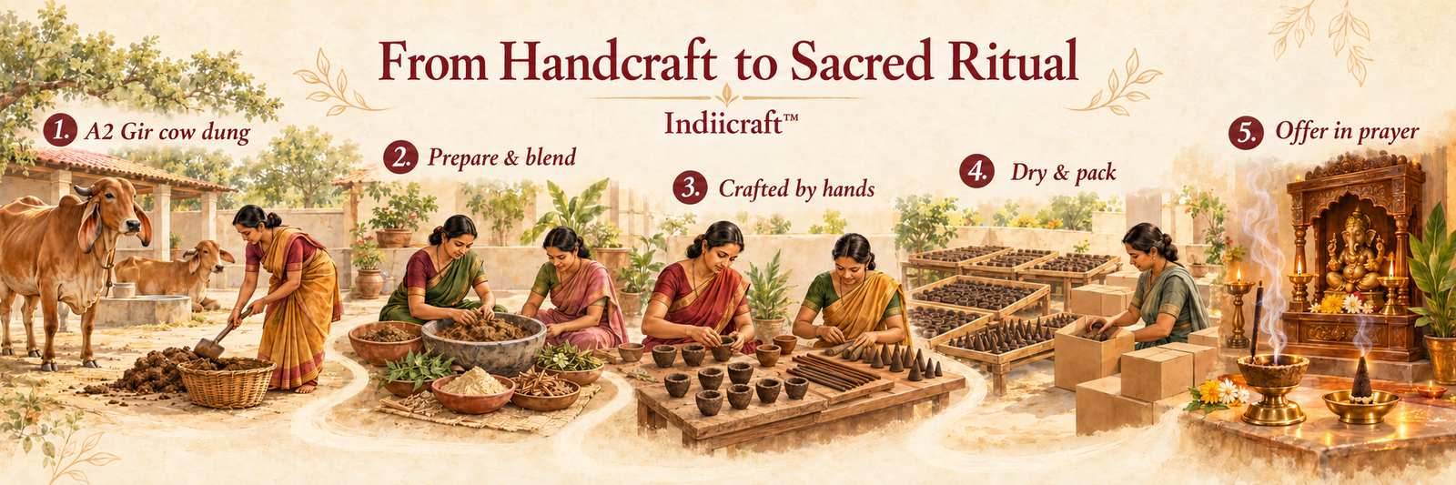 Illustrated journey: A2 Gir cow dung sourcing, blending, hand shaping cups and dhoop, drying and packing, and use in spiritual rituals